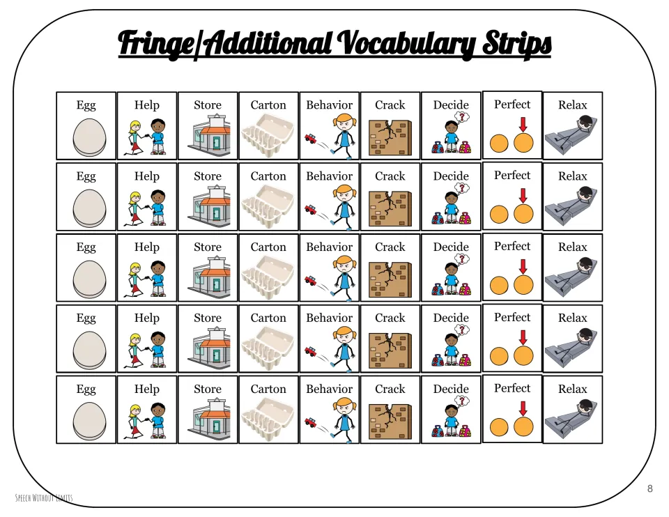 Five identical vocabulary strips show egg, help, store, carton, behavior, crack, decide, perfect, and relax