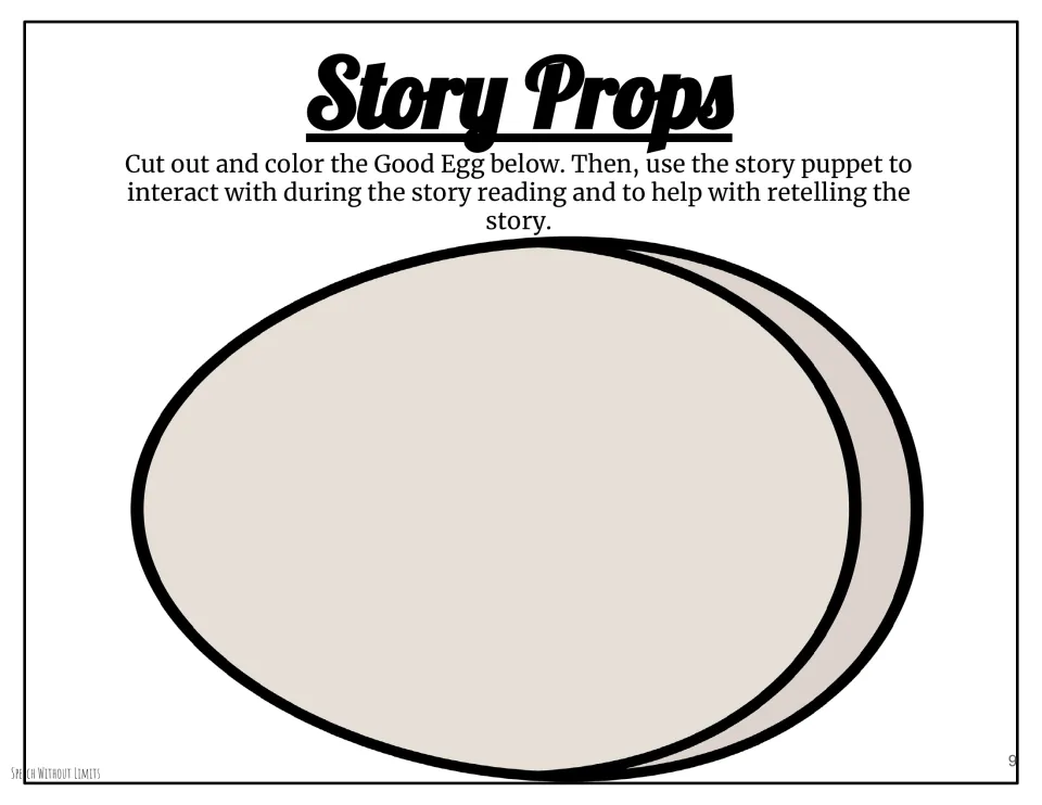 Story prop provides an egg puppet template to cut out and color for participation during reading and retelling
