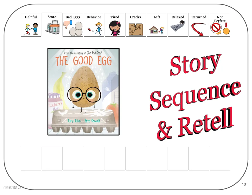 Story sequencing activity uses ten picture cues, including helpful, tired, cracks, relaxed, returned, and not perfect