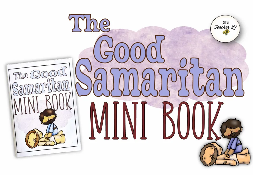 Good Samaritan mini book cover showing the folded booklet and the Samaritan kneeling to help an injured man
