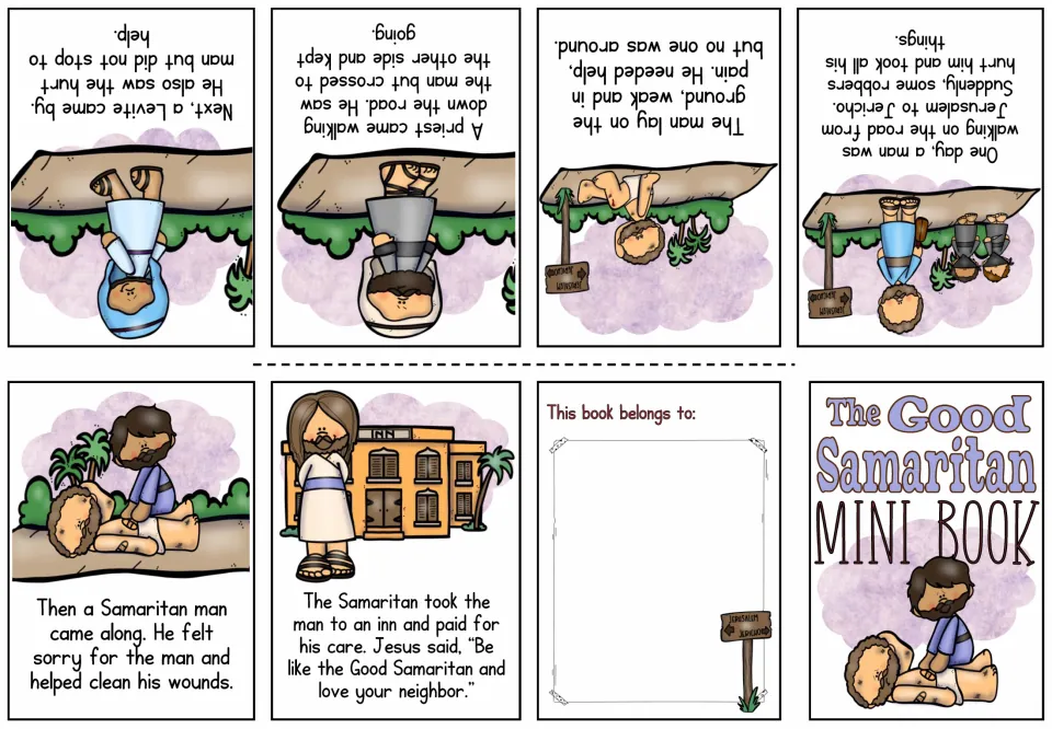 Color booklet retelling the Good Samaritan parable: a man is robbed, a priest and Levite pass by, a Samaritan helps him