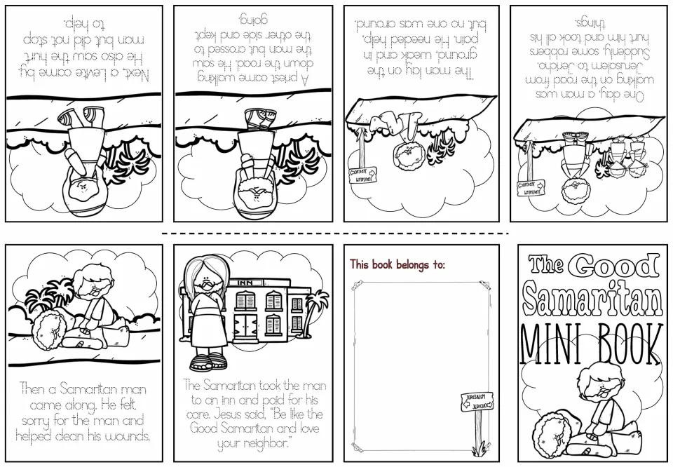 Black-and-white Samaritan parable booklet where students trace the dotted story sentences and color each illustration