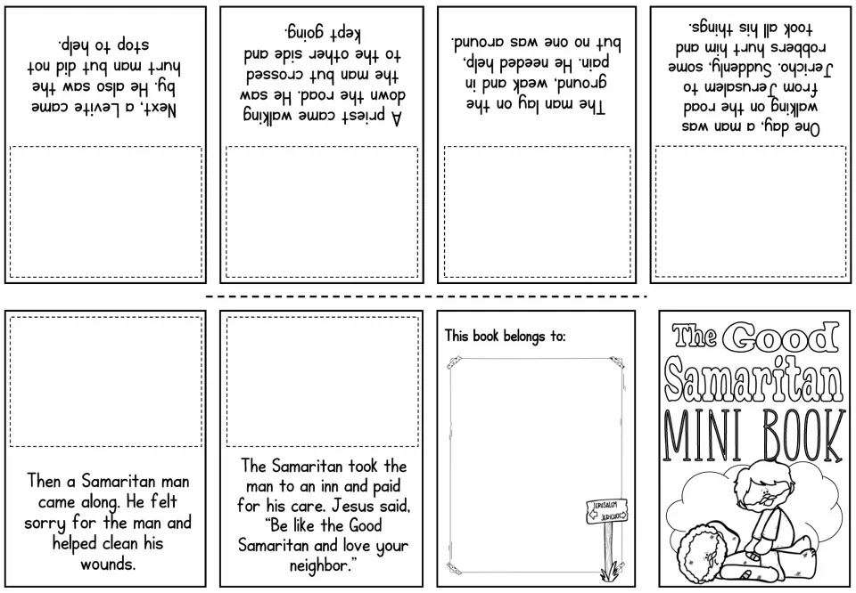 Picture-fill booklet: each story sentence about the hurt traveler has an empty space where students draw or paste a scene