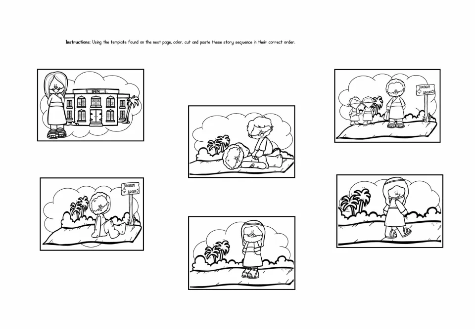 Parable sequencing cards: students color, cut out and paste six scenes, from the robbery to the inn, in story order