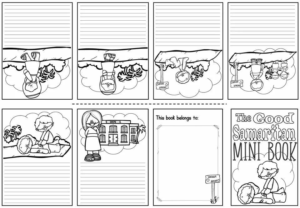 Good Samaritan retell booklet: students write each part of the story in their own words beside the black-and-white scenes