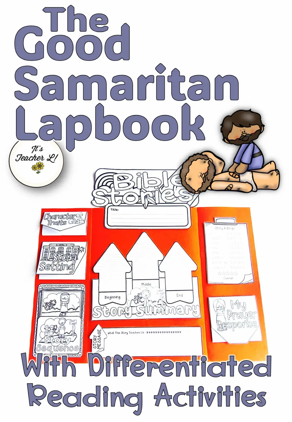 Good Samaritan Lapbook cover showing an assembled Bible Stories lapbook with story summary, setting and prayer flaps