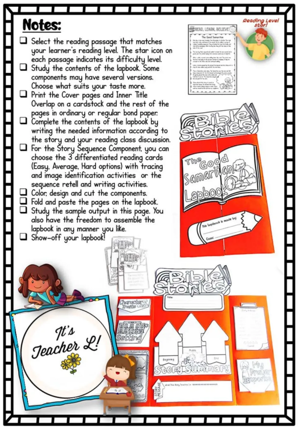 Teacher notes: steps for choosing a leveled reading passage, printing, cutting and assembling the lapbook, with photos