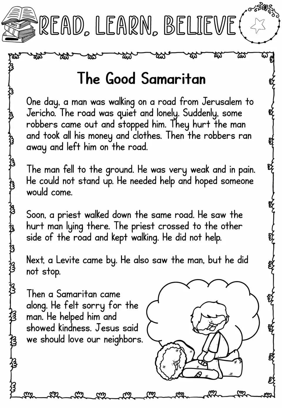 One-star Good Samaritan reading passage: retelling of the robbers, the priest, the Levite and the Samaritan's kindness