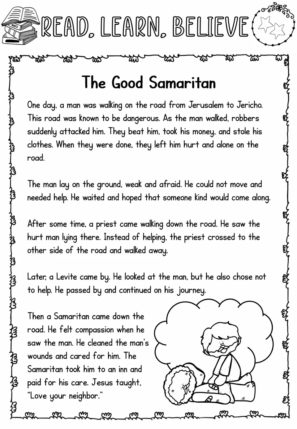 Two-star story passage: a man is robbed, a priest and Levite pass by, and a Samaritan cares for him at an inn