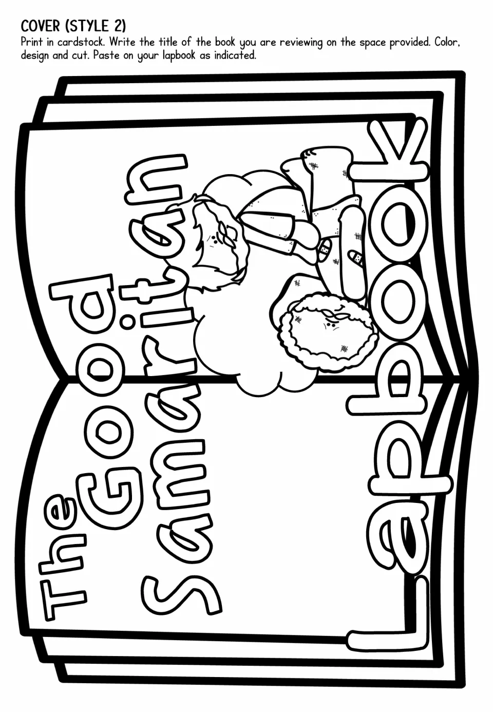 Lapbook cover cut-out, style 2: sideways open book with outlined title letters and the Samaritan helping the injured man