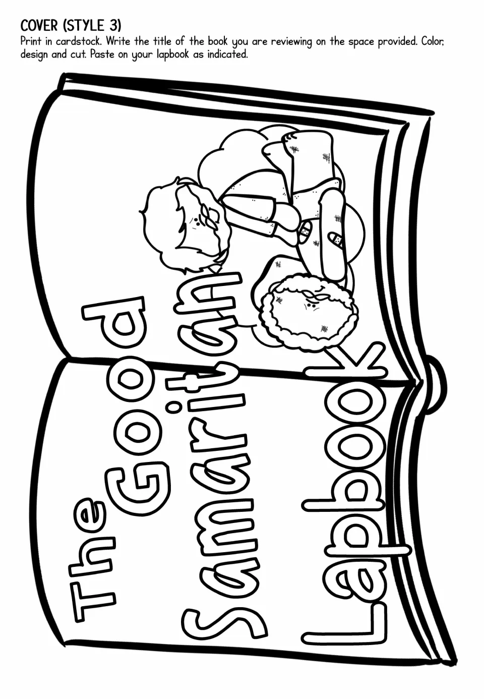 Lapbook cover cut-out, style 3: hand-drawn open book turned sideways with the story title and Samaritan scene for coloring