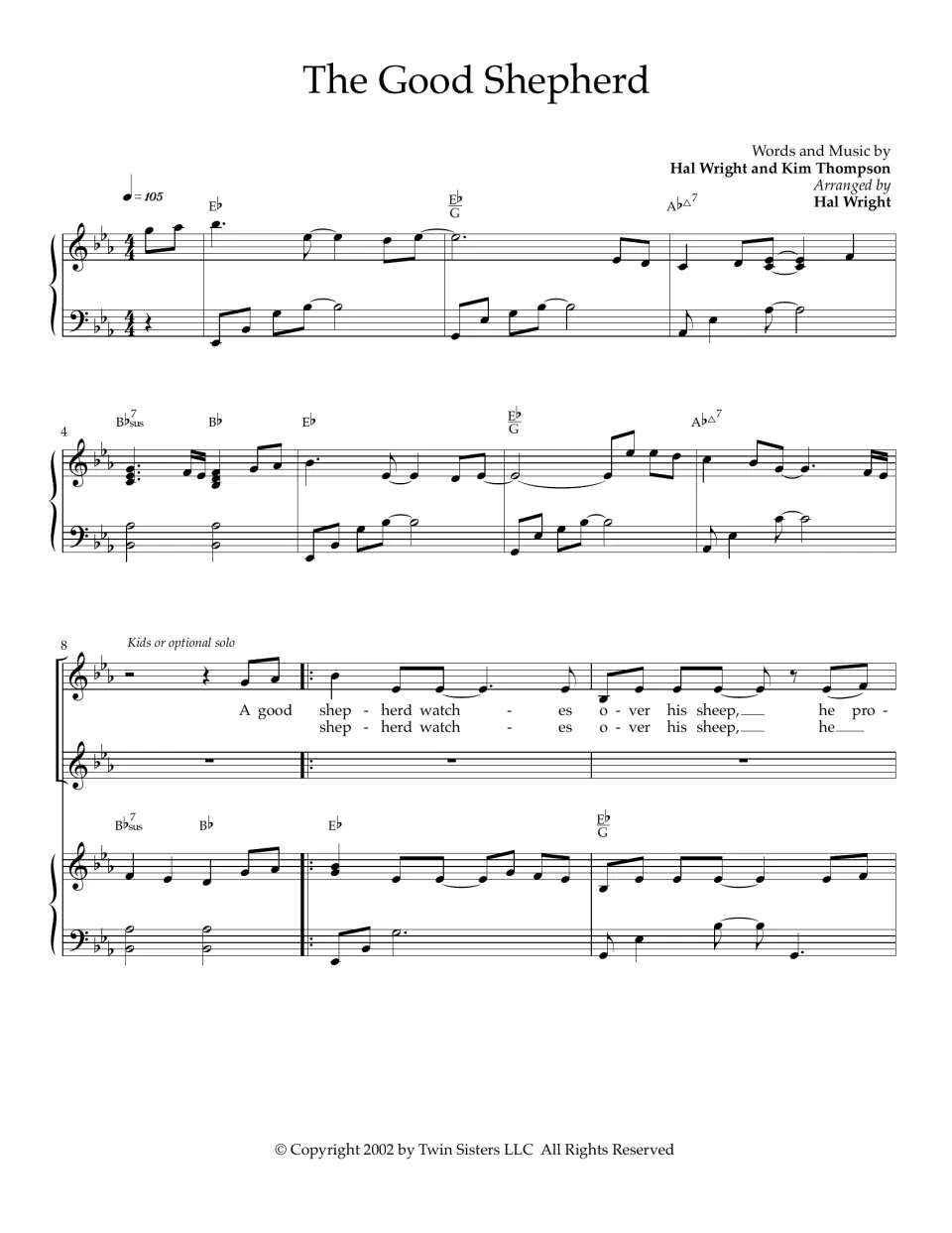 The Good Shepherd score, bars 1-10: piano intro in E-flat at 105 bpm, then a kids or solo verse begins 'A good shepherd'