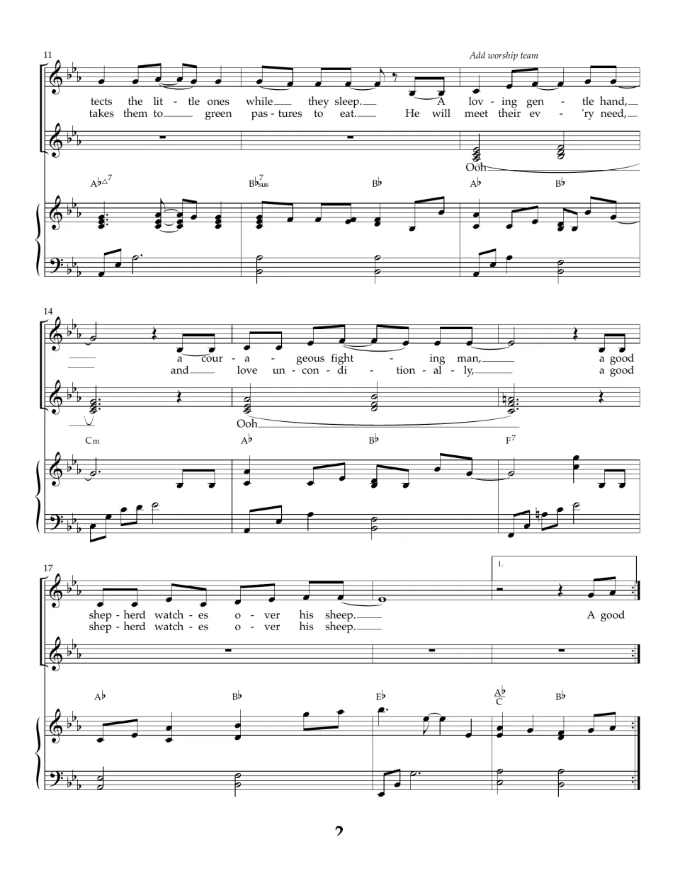 Verses 1 and 2 lyrics, bars 11-19: singers continue 'protects the little ones' while the worship team adds 'Ooh' harmony