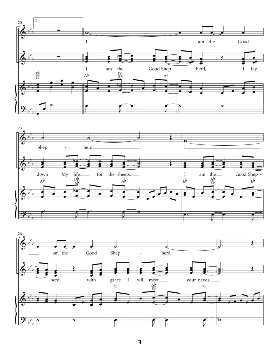 Chorus, bars 20-28: melody 'I am the Good Shepherd' over a harmony part singing 'I lay down My life for the sheep'