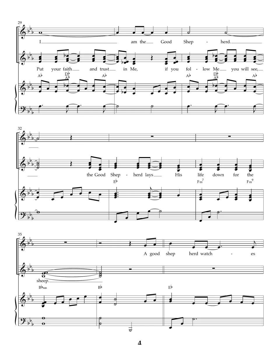 Chorus ending and verse return, bars 29-37: harmony sings 'Put your faith and trust in Me' before 'A good shepherd' resumes