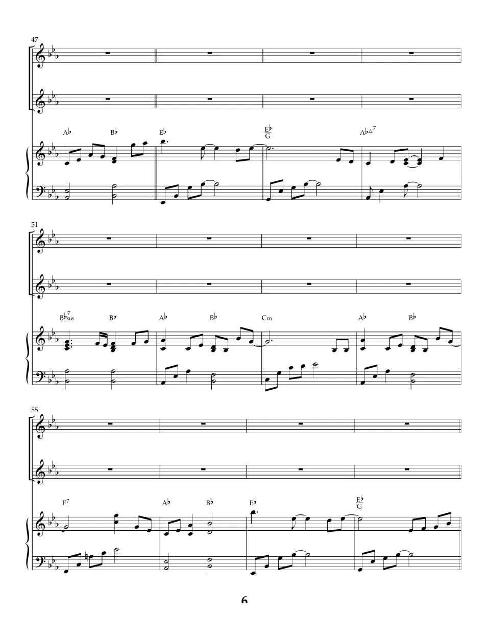 Piano interlude, bars 47-58: both vocal lines rest while the accompaniment plays chords A-flat, B-flat, C minor and F7