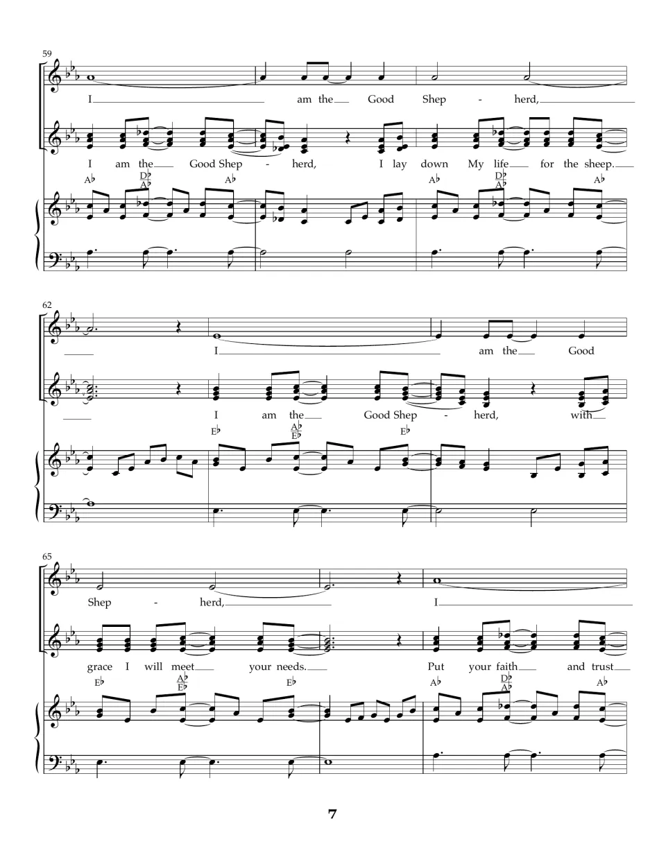 Second chorus, bars 59-67: both vocal parts return to 'I am the Good Shepherd' and 'with grace I will meet your needs'