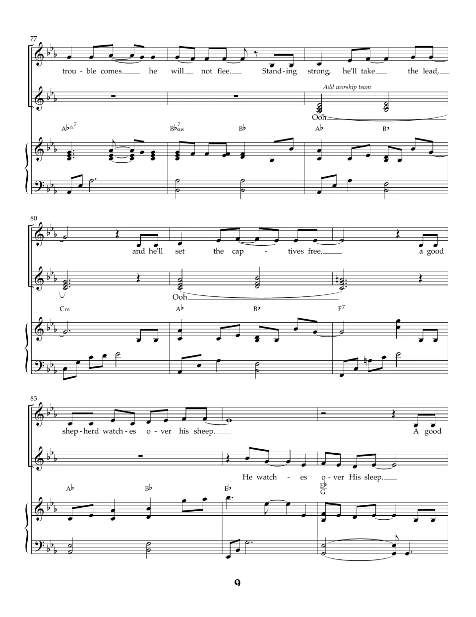 Last verse, bars 77-85: 'Standing strong, he'll take the lead' with 'Ooh' backing and an echo, 'He watches over His sleep'