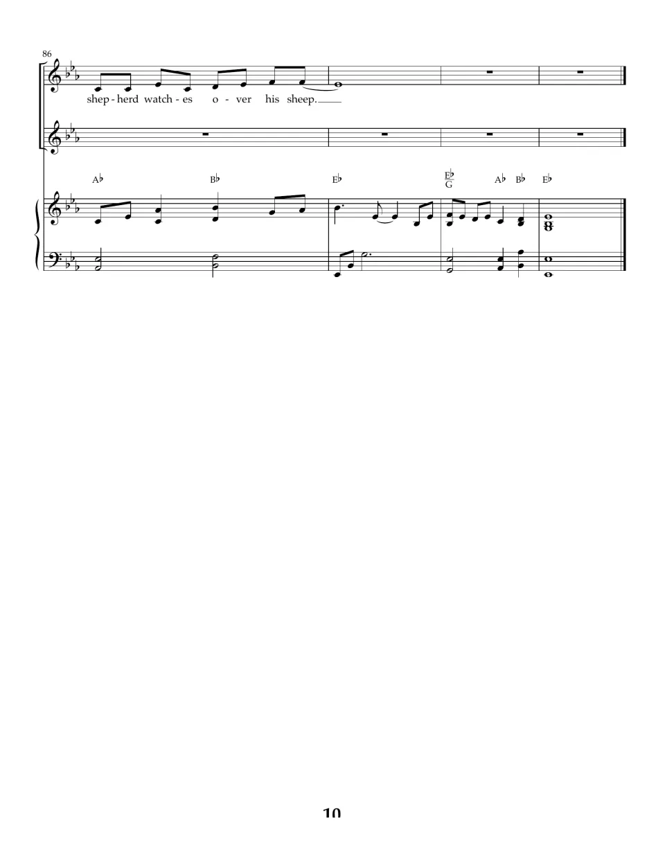 Ending, bars 86-89: the voice finishes 'shepherd watches over his sheep' as the piano closes on an E-flat chord