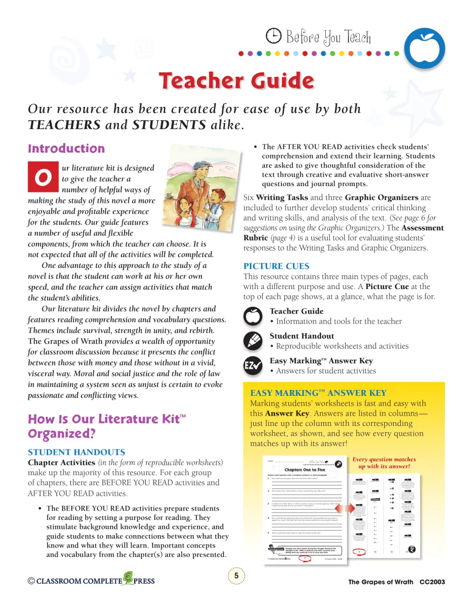 Teacher guide explains before- and after-reading activities, six writing tasks, and three graphic organizers