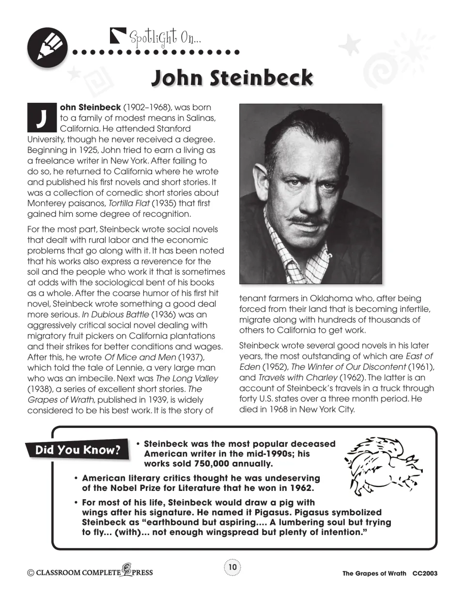John Steinbeck biography handout covers his life, writing career, major novels, and 1962 Nobel Prize