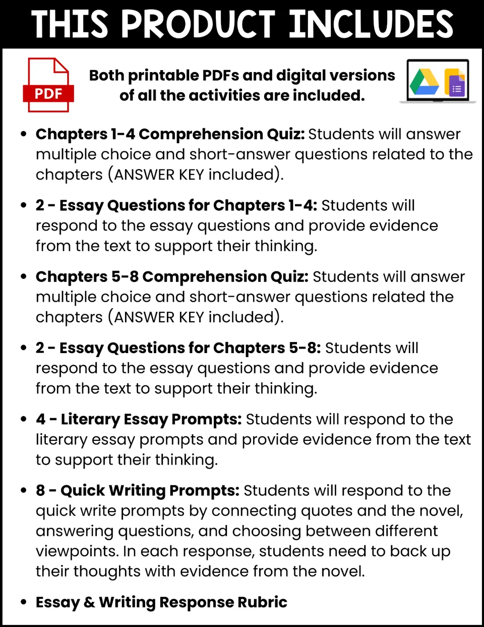 Contents list: two chapter quizzes, four essay questions, four literary essay prompts, eight quick writes and a rubric