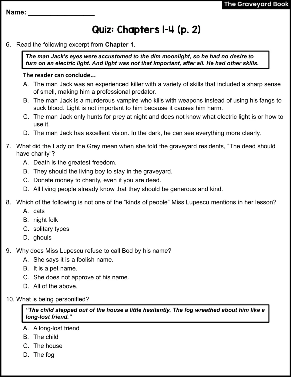 Chapters 1-4 quiz, questions 6-10: conclusions from an excerpt, Miss Lupescu's lesson and identifying personification