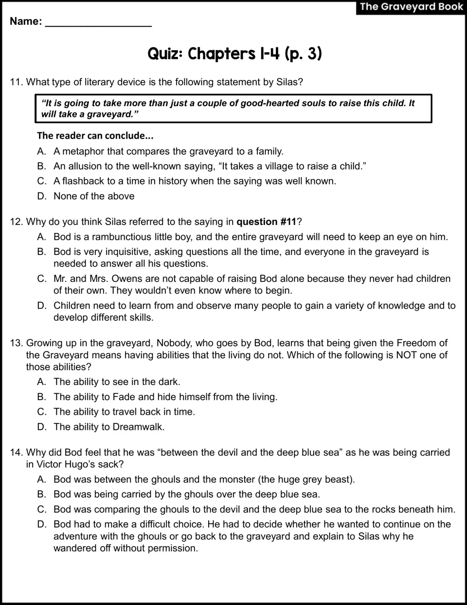 Chapters 1-4 quiz, questions 11-14: identifying an allusion, Freedom of the Graveyard abilities and an idiom's meaning