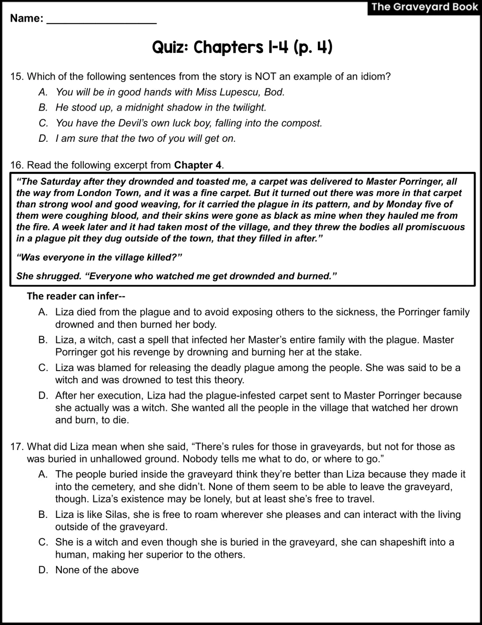 Chapters 1-4 quiz, questions 15-17: spotting a non-idiom and inferring Liza Hempstock's story from a Chapter 4 excerpt