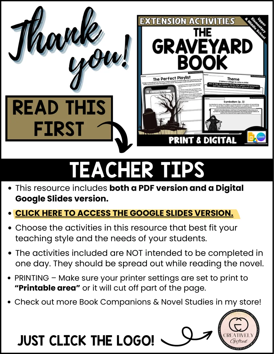 Teacher tips for this novel extension set: PDF and Google Slides versions, pacing activities and printer settings