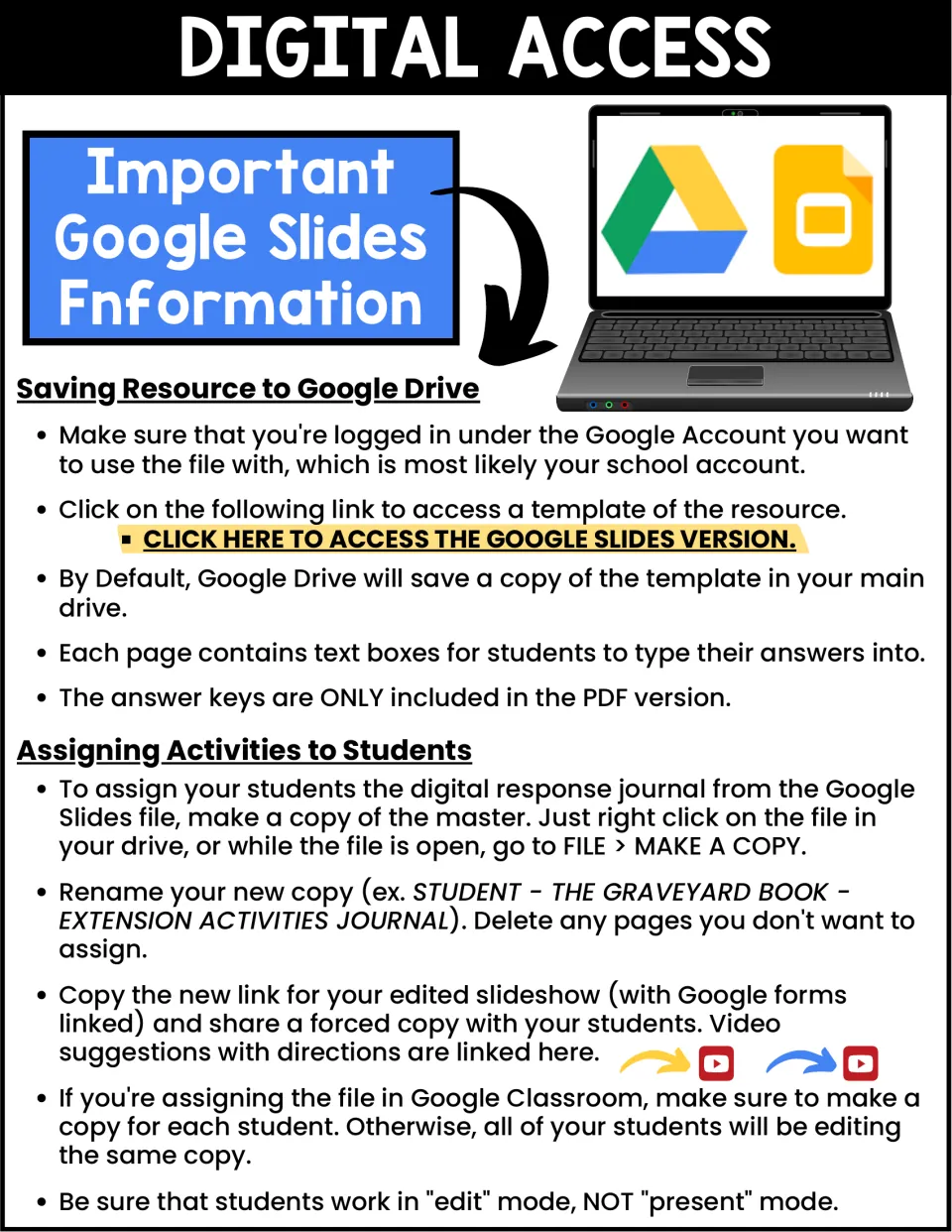 Digital access steps: saving the Google Slides copy to Drive and assigning a student copy in Google Classroom