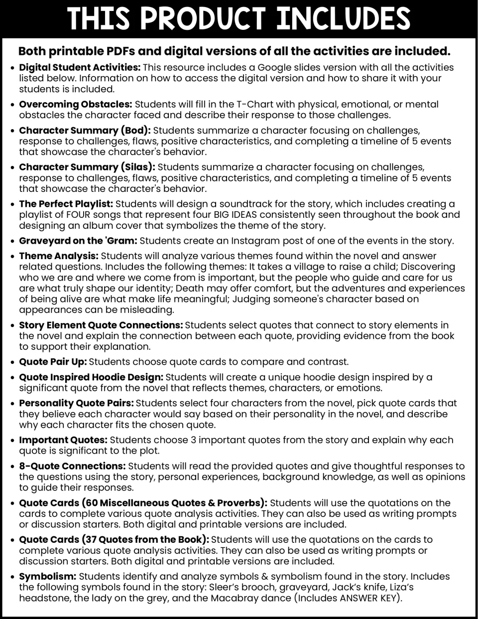Contents list describing each activity: character summaries, playlist, theme analysis, quote cards and symbolism