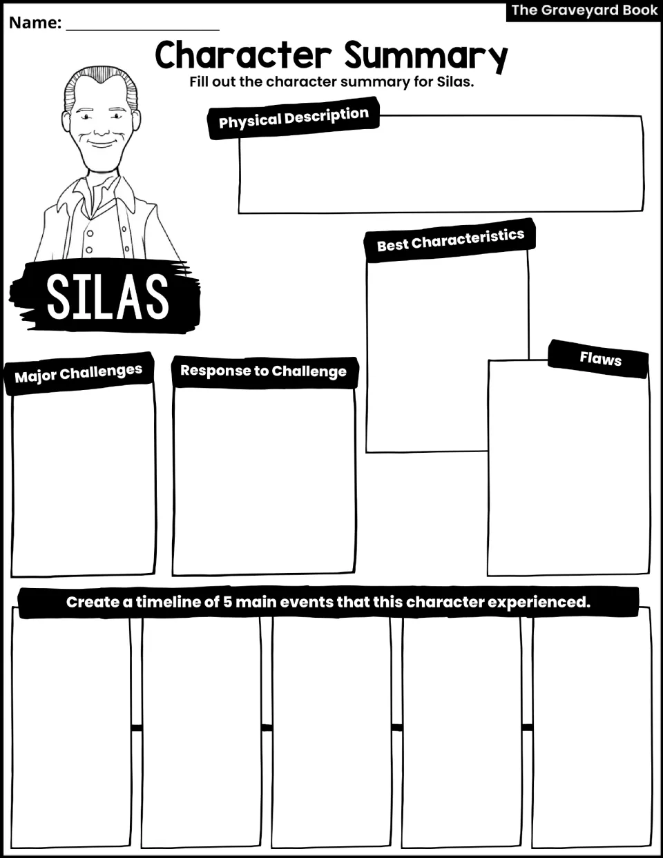 Silas character summary: students note his looks, major challenges, responses, flaws and 5 main events on a timeline