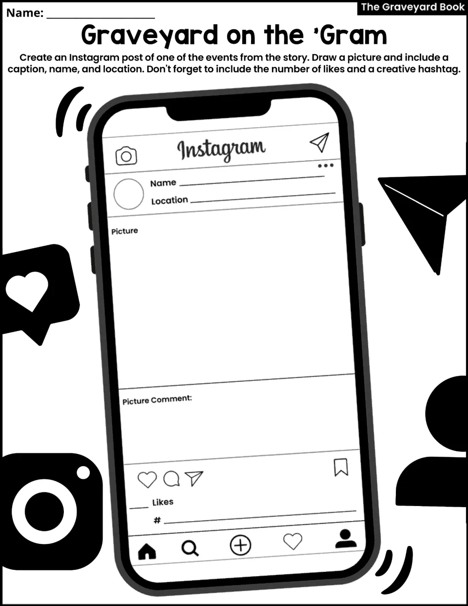 Graveyard on the 'Gram: students draw an Instagram post of a story event with caption, location, likes and hashtag