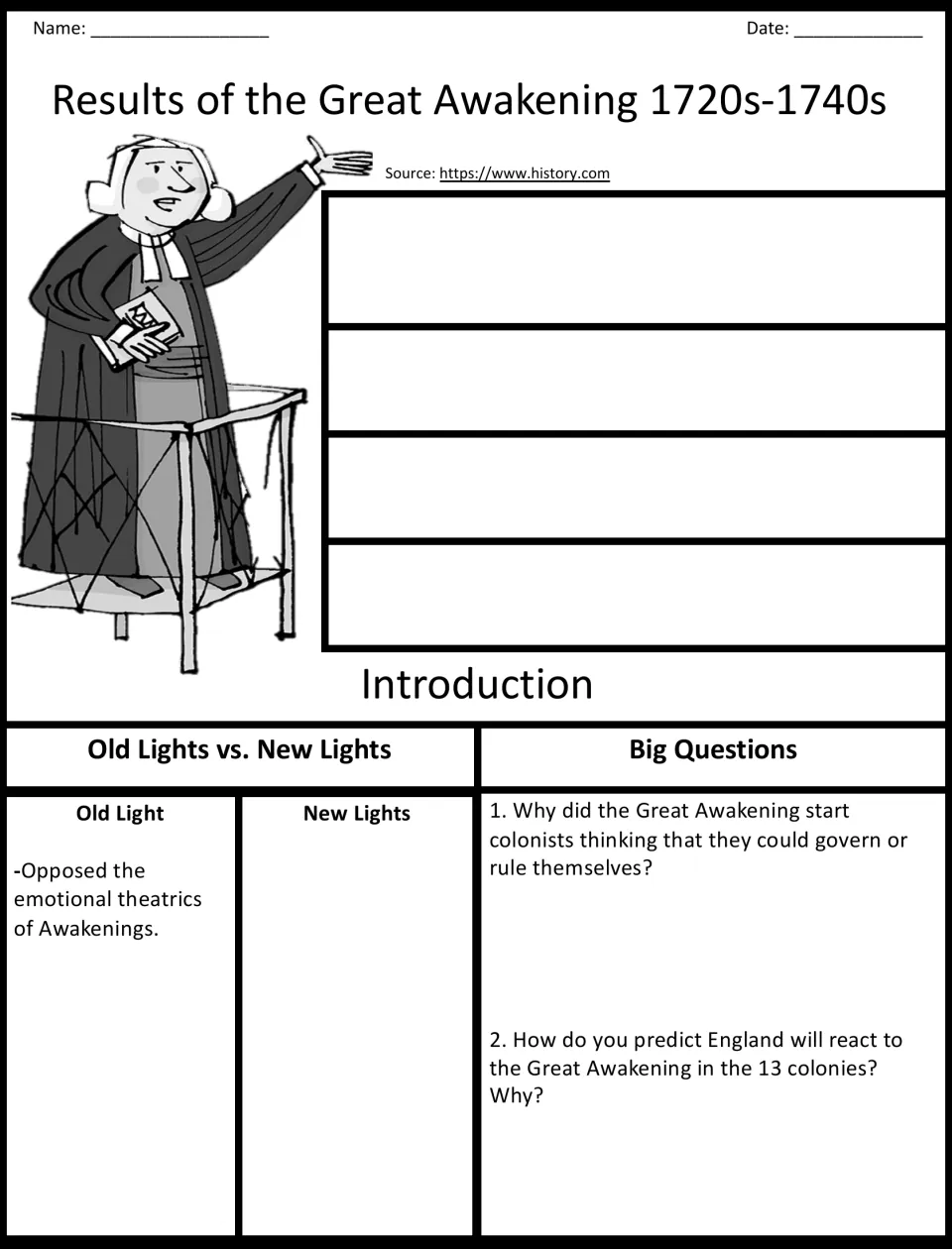 Great Awakening results: students note four results, compare Old and New Lights and answer two Big Questions