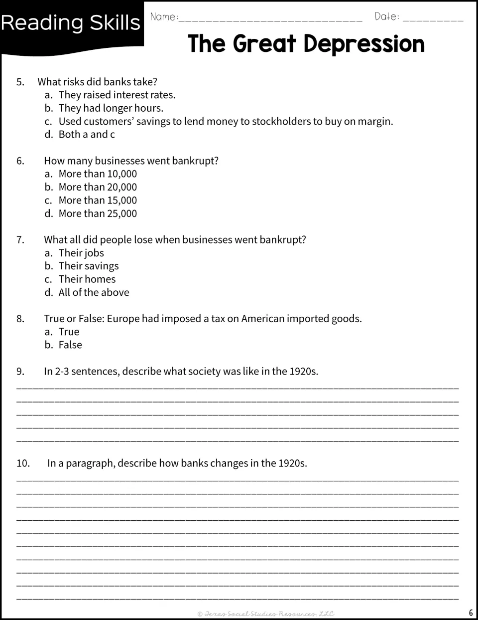 Great Depression questions 5-10 on bank risks and bankruptcies, true or false, and written answers about the 1920s