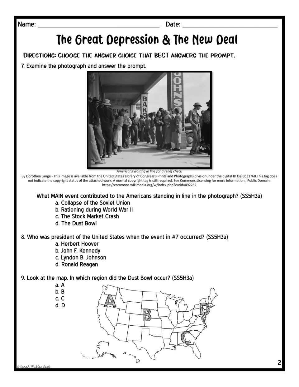Primary sources, questions 7-9: students analyze a relief-line photo, name the president and find the Dust Bowl on a map