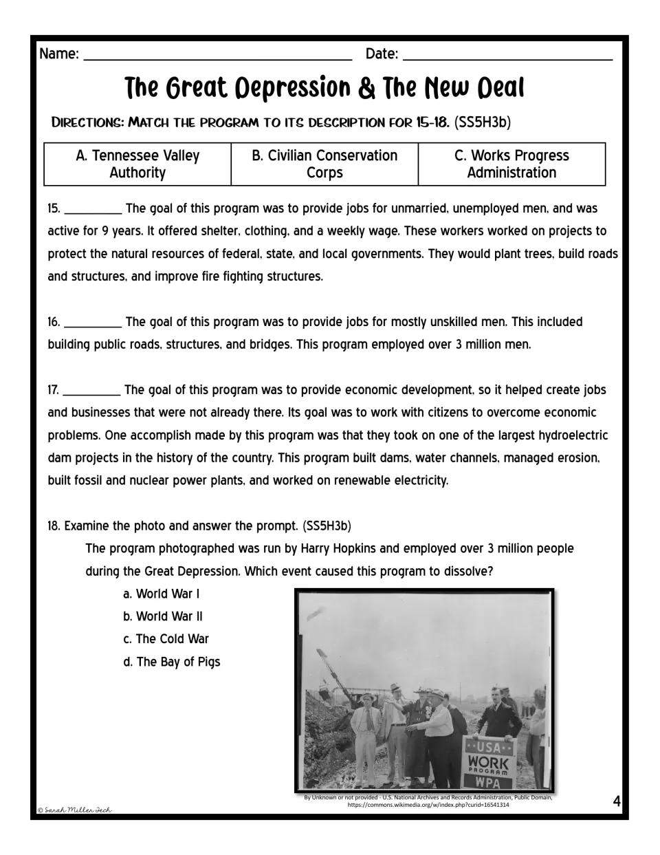 New Deal programs matching: students match TVA, CCC and WPA to descriptions, then answer a question about a WPA photo
