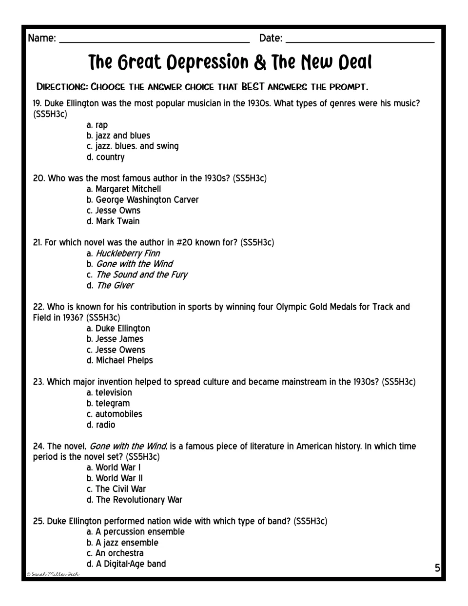 1930s culture questions 19-25 on Duke Ellington, Margaret Mitchell's Gone with the Wind, Jesse Owens and the rise of radio