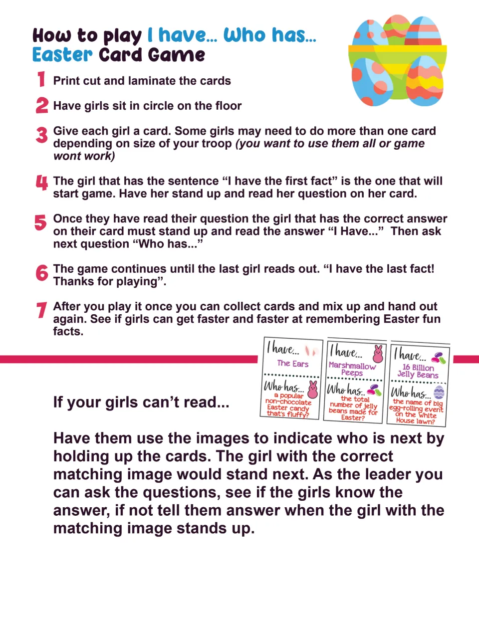 Easter game instructions: seven steps for playing, plus image-matching directions for children who cannot read