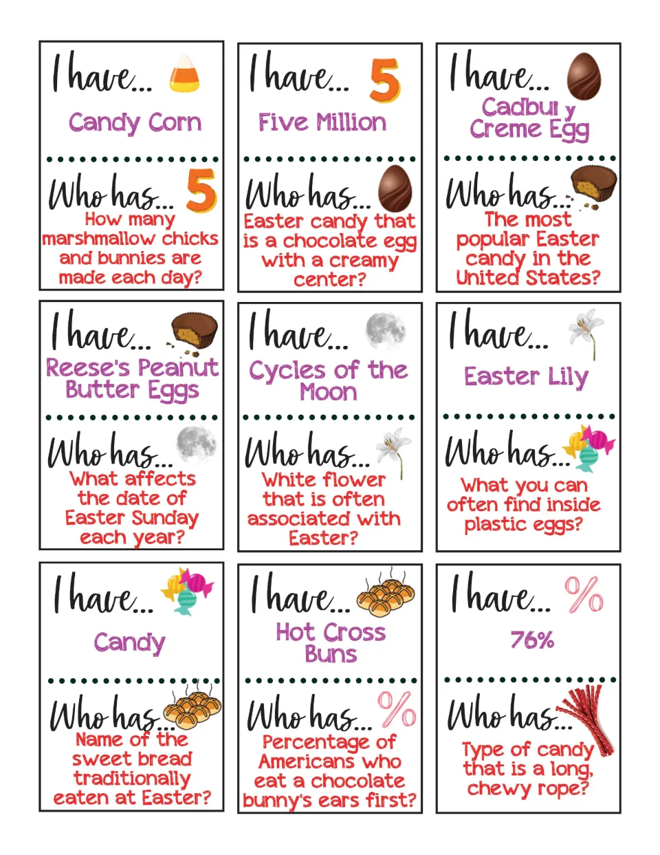 Easter game cards 10–18: Candy Corn, Five Million, Cadbury Creme Egg, and six more answers with questions