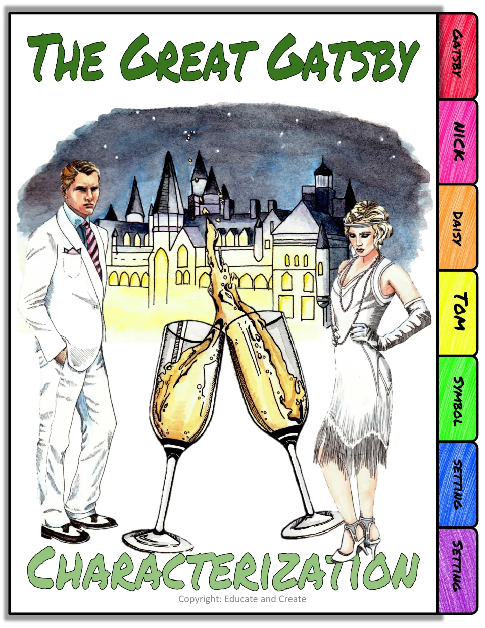 Great Gatsby Characterization cover: 1920s couple before a lit mansion; tabs for Gatsby, Nick, Daisy, Tom, symbol, setting