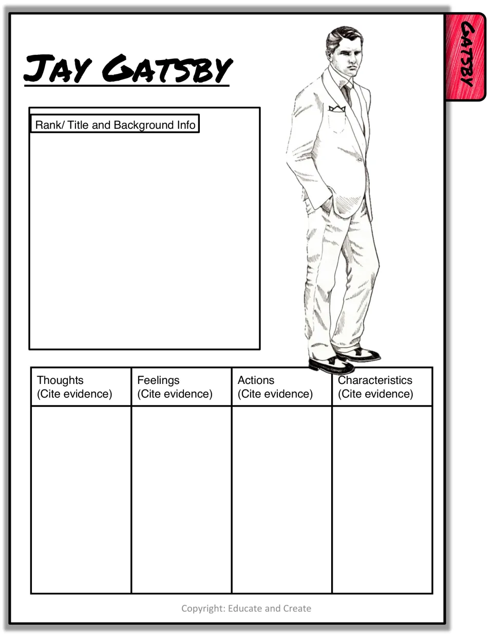 Jay Gatsby character page: students note his background, then cite evidence for his thoughts, feelings, actions and traits