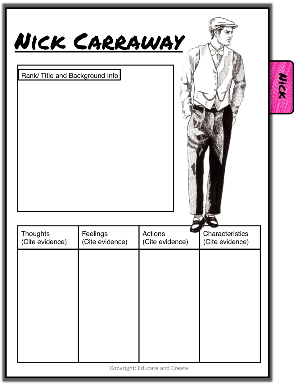 Nick Carraway characterization: students record his background and cite text evidence of his thoughts, feelings and actions