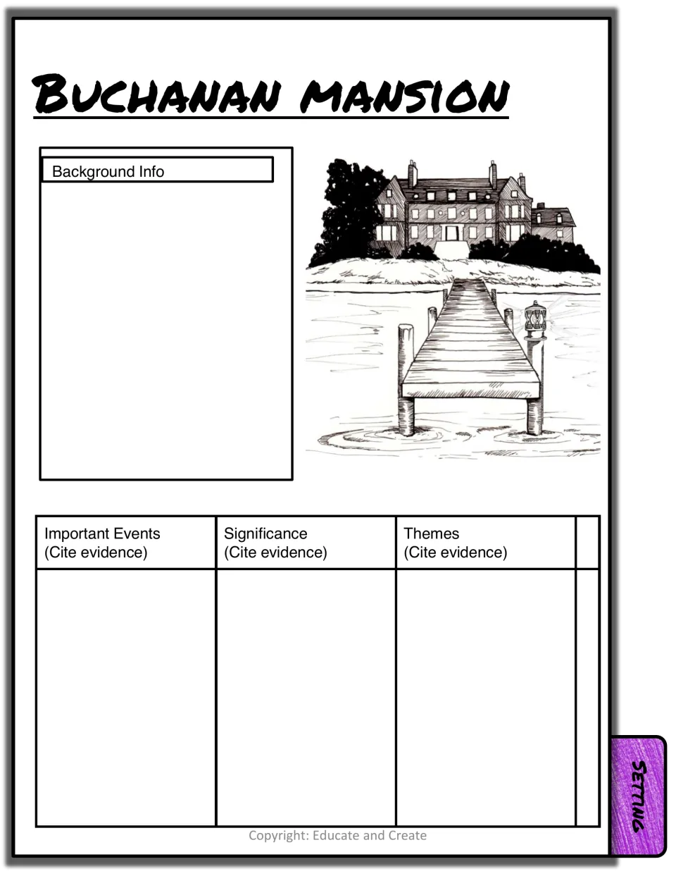 Buchanan mansion setting, drawn with its dock and light: students add background and cite events, significance and themes
