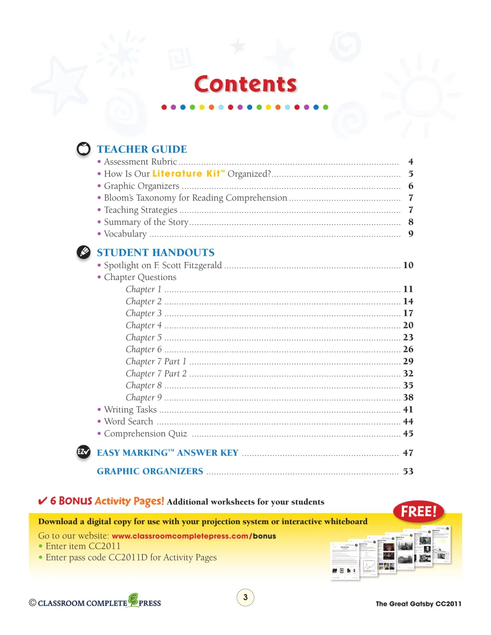 Contents listing teacher guide, Fitzgerald spotlight, chapter 1-9 questions, writing tasks, word search, quiz and answer key