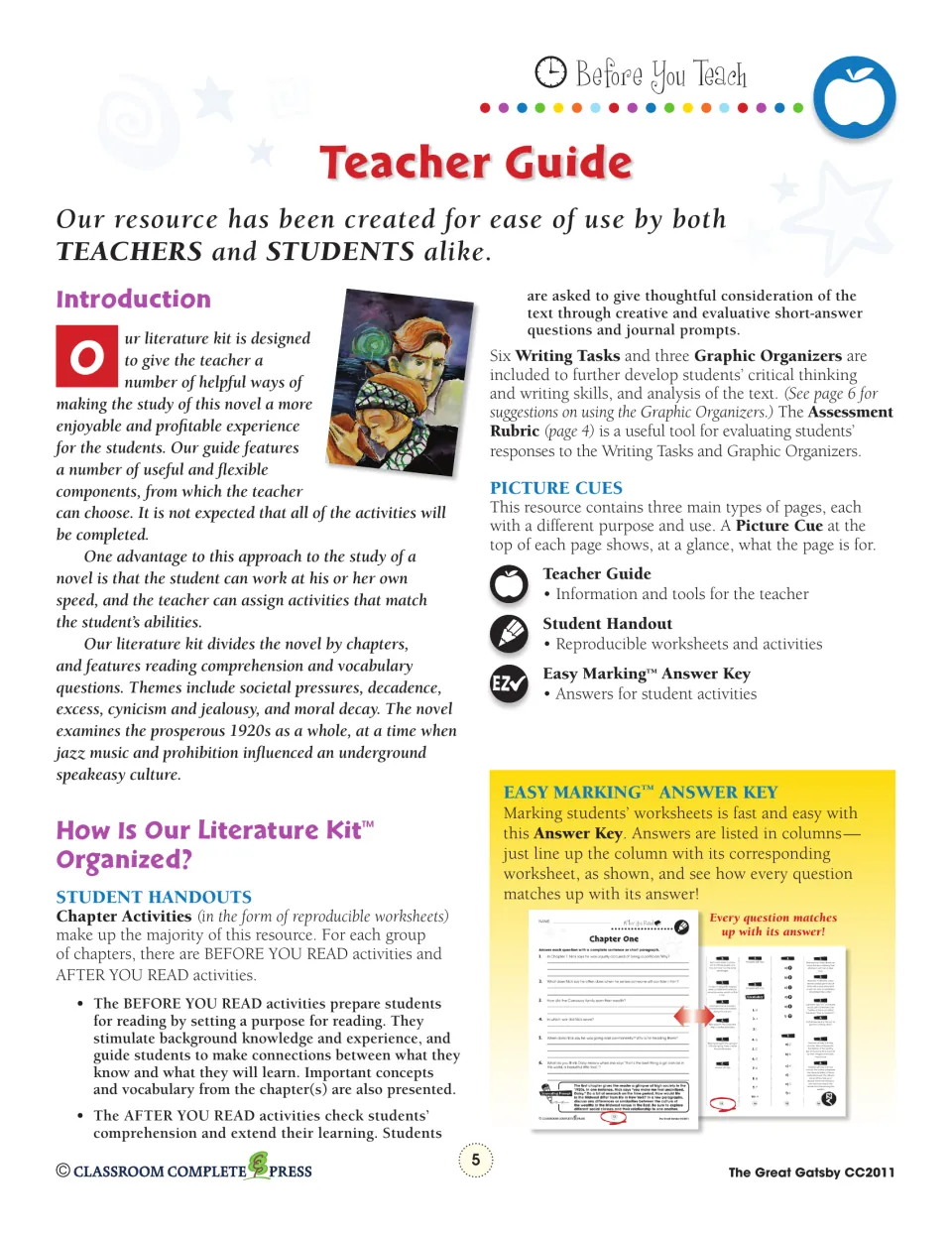 Teacher guide introduction explaining before and after you read activities, picture cues and the Easy Marking answer key