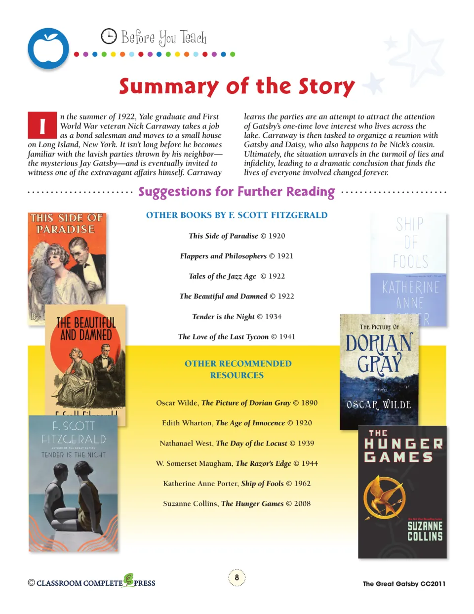 Story summary of Nick Carraway meeting Jay Gatsby, plus further reading: other Fitzgerald books and novels like Dorian Gray