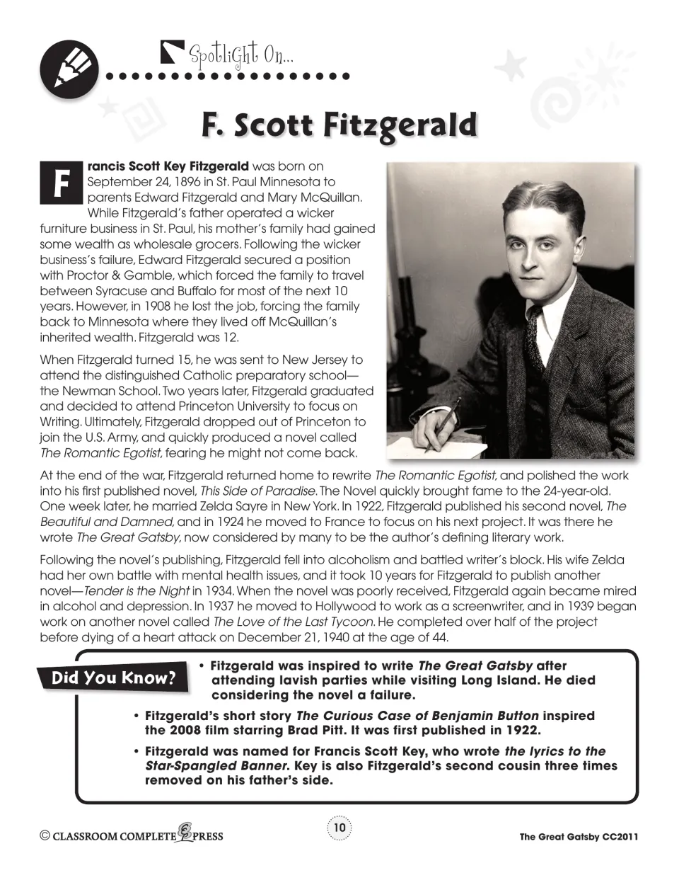 F. Scott Fitzgerald biography with his photo, covering his life from 1896 to 1940, plus Did You Know? facts about the author