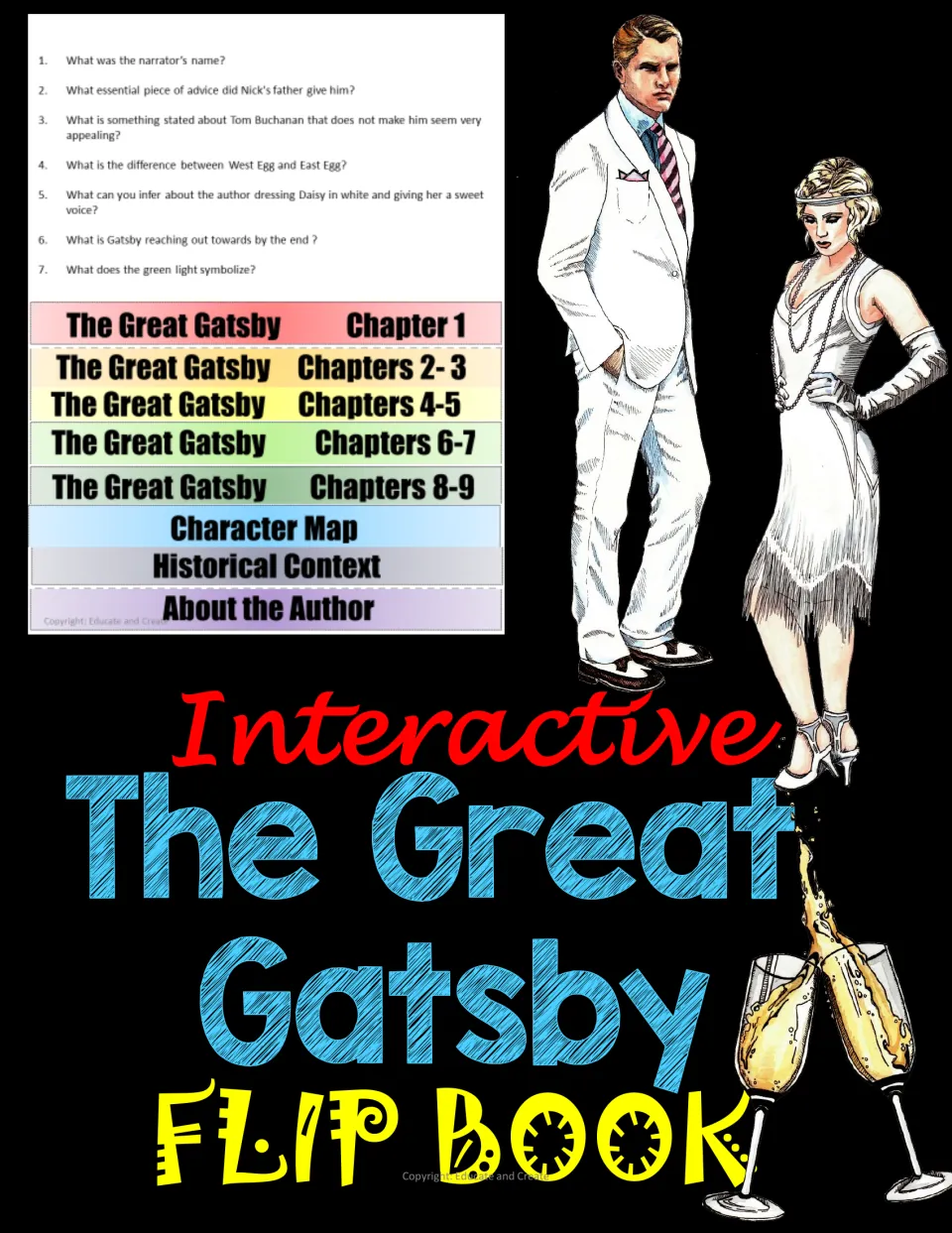 Interactive Great Gatsby flip book cover with tabs for chapters 1 to 9, character map, historical context and the author